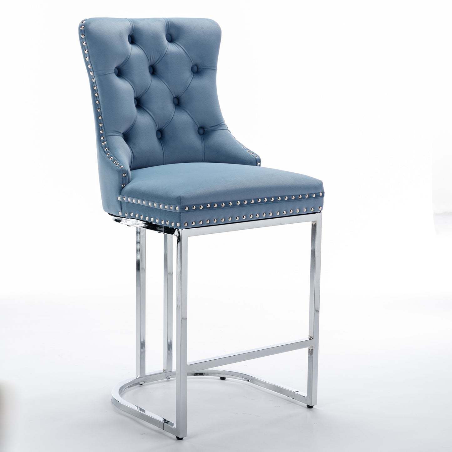 Set of 2 Upholstered Tufted Velvet Armless Bar Stools with Chrome Base Legs- Light Blue_3
