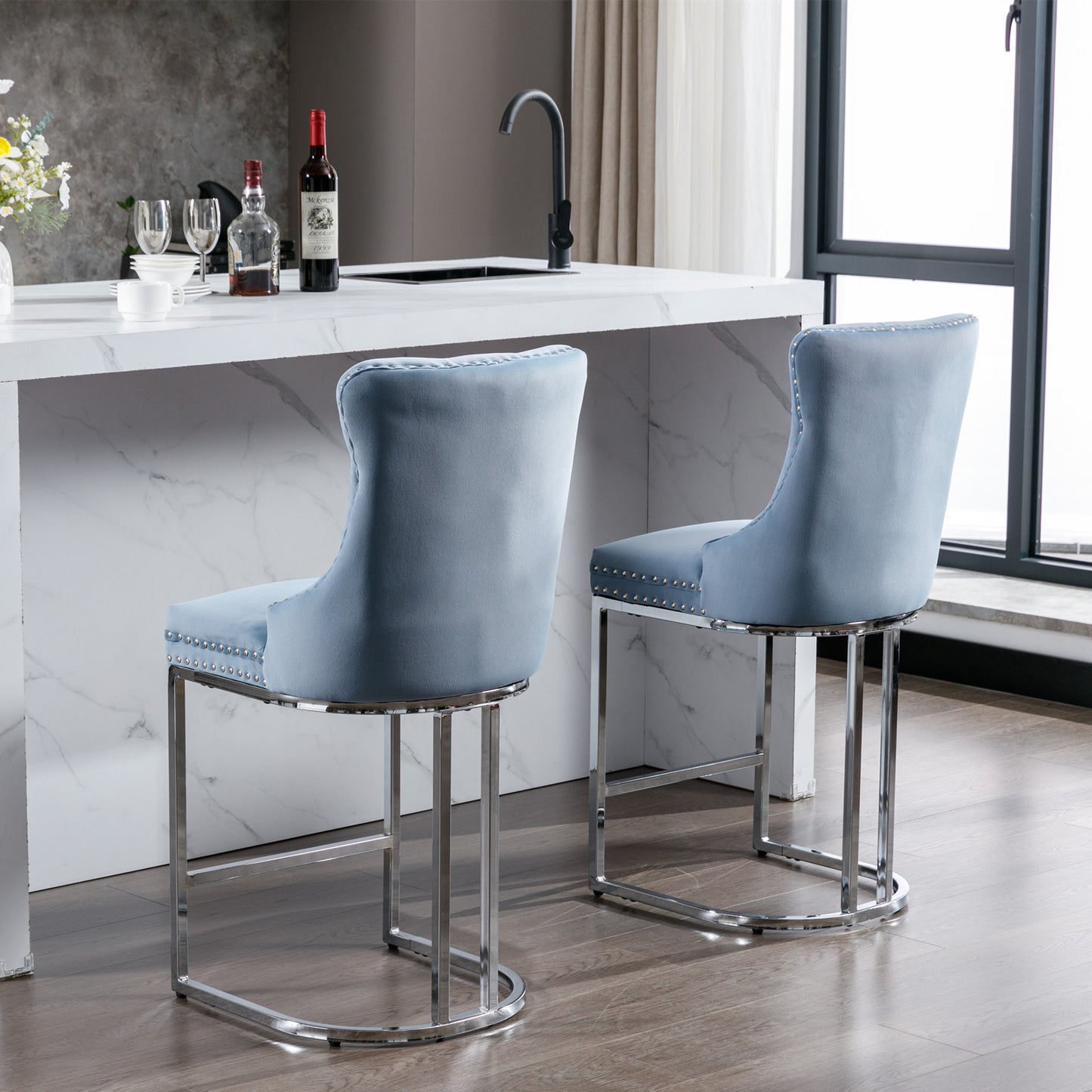 Set of 2 Upholstered Tufted Velvet Armless Bar Stools with Chrome Base Legs- Light Blue_21
