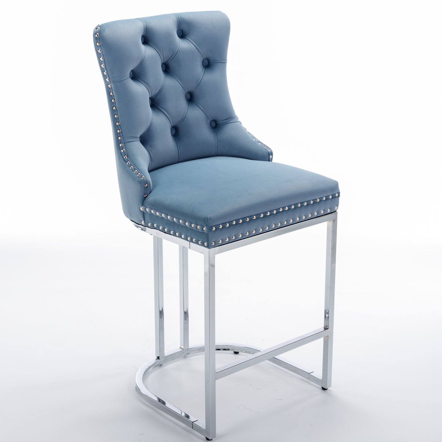 Set of 2 Upholstered Tufted Velvet Armless Bar Stools with Chrome Base Legs- Light Blue_4