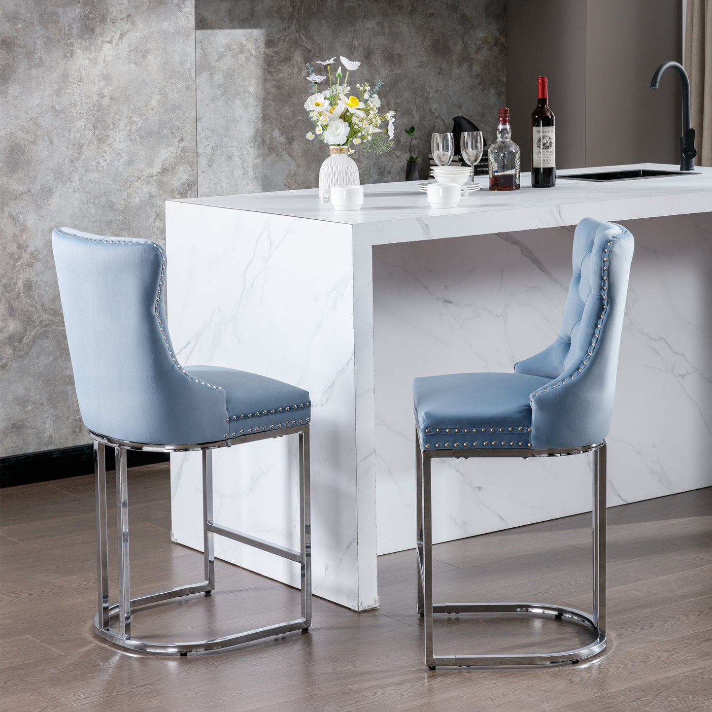 Set of 2 Upholstered Tufted Velvet Armless Bar Stools with Chrome Base Legs- Light Blue_18