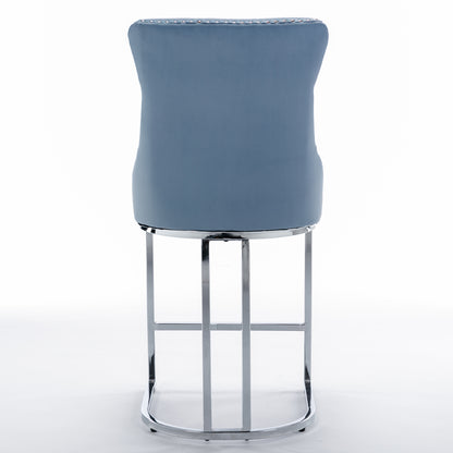 Set of 2 Upholstered Tufted Velvet Armless Bar Stools with Chrome Base Legs- Light Blue_7