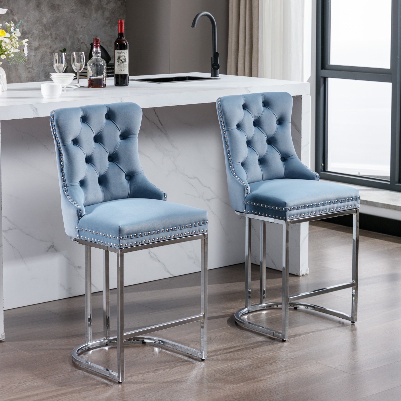 Set of 2 Upholstered Tufted Velvet Armless Bar Stools with Chrome Base Legs- Light Blue_16
