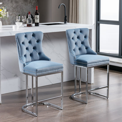 Set of 2 Upholstered Tufted Velvet Armless Bar Stools with Chrome Base Legs- Light Blue_16