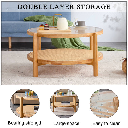 Modern and Simple Solid Wood Double Layered Circular Rattan Coffee Table- Natural_15