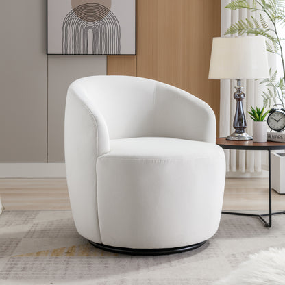 Velvet Fabric Swivel Accent Armchair Plain Barrel Chair With Black Metal Ring- White_16