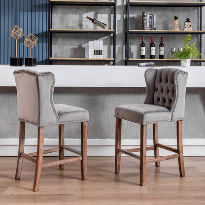 27" Upholstered Velvet Barstools Set of 2 with Nailhead Trim & Tufted Back- Grey_13