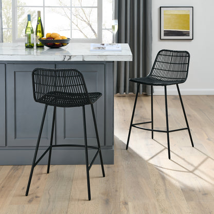 Set of 2 Rattan Wicker Indoor Bar Counter Stools with Steel Legs- Black_1