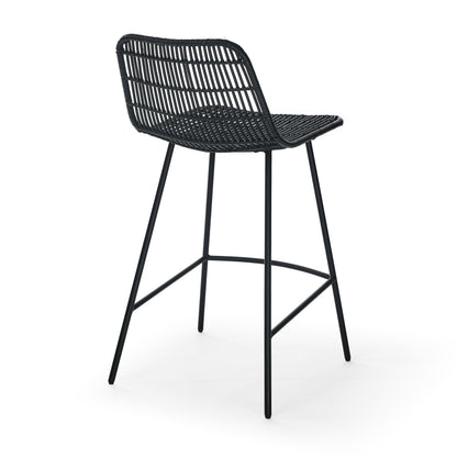 Set of 2 Rattan Wicker Indoor Bar Counter Stools with Steel Legs- Black_4