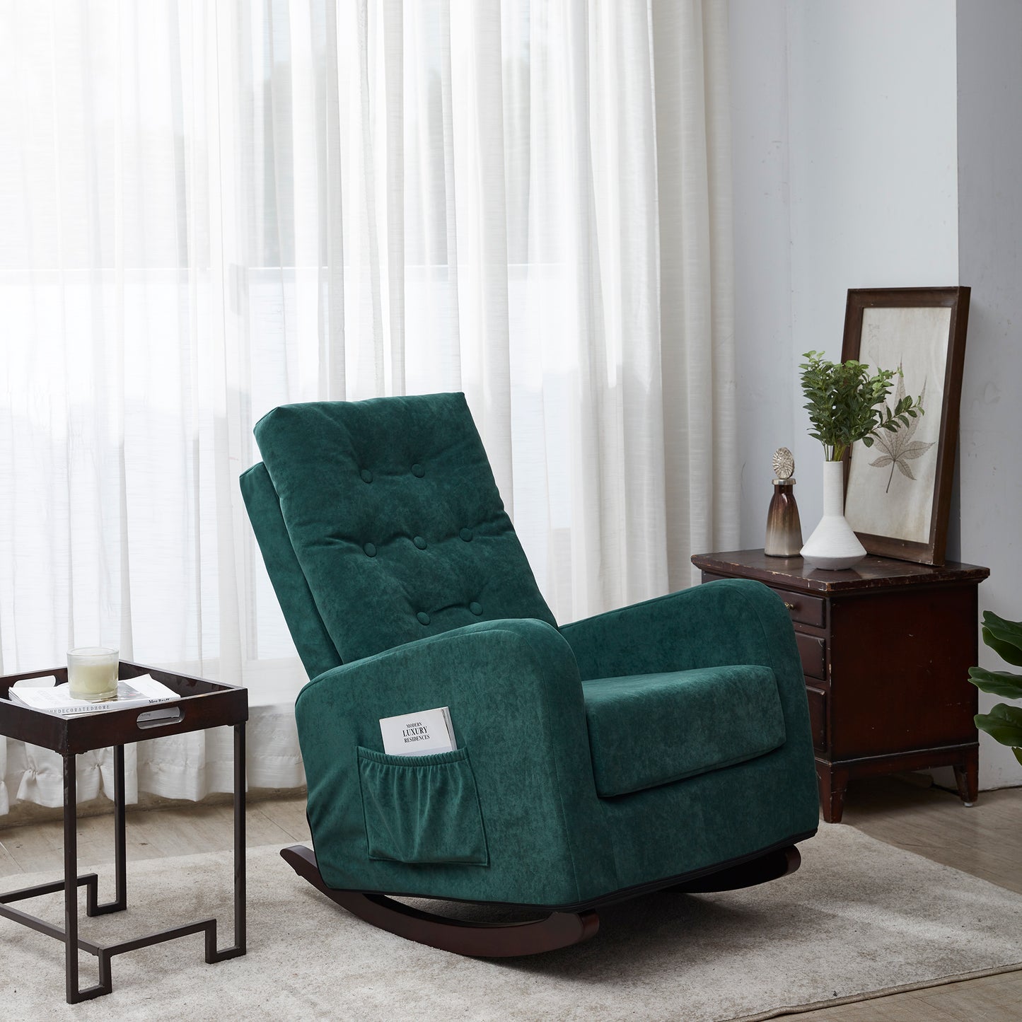 Living Room Chair Lazy Recliner Comfortable Fabric High Back Armchair- Antique Green_7