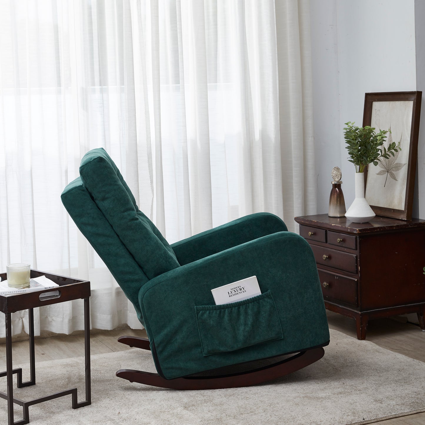 Living Room Chair Lazy Recliner Comfortable Fabric High Back Armchair- Antique Green_3