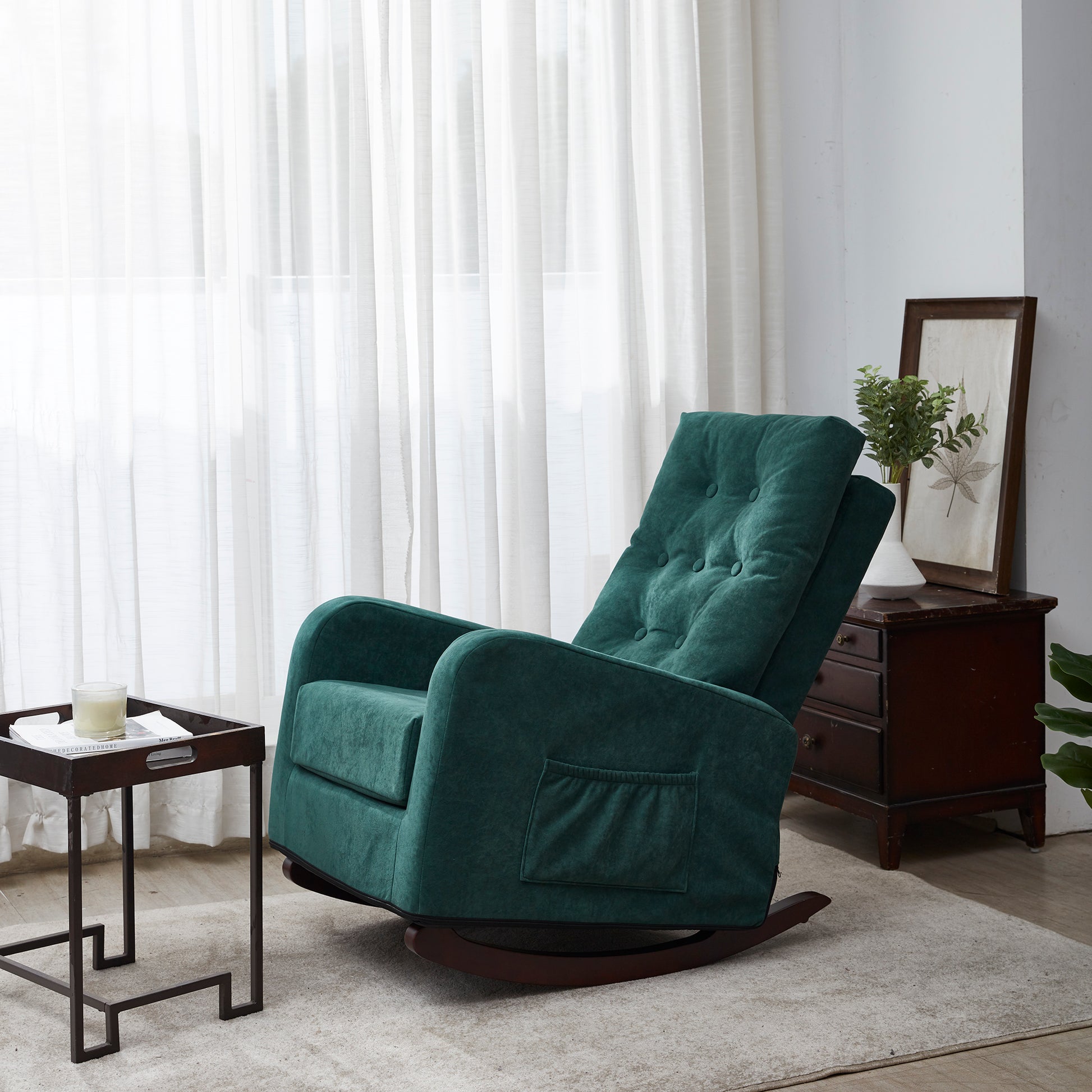 Living Room Chair Lazy Recliner Comfortable Fabric High Back Armchair- Antique Green_2