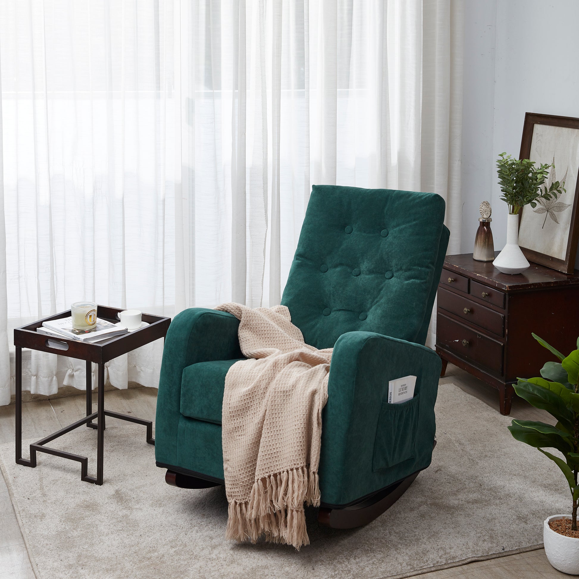 Living Room Chair Lazy Recliner Comfortable Fabric High Back Armchair- Antique Green_1