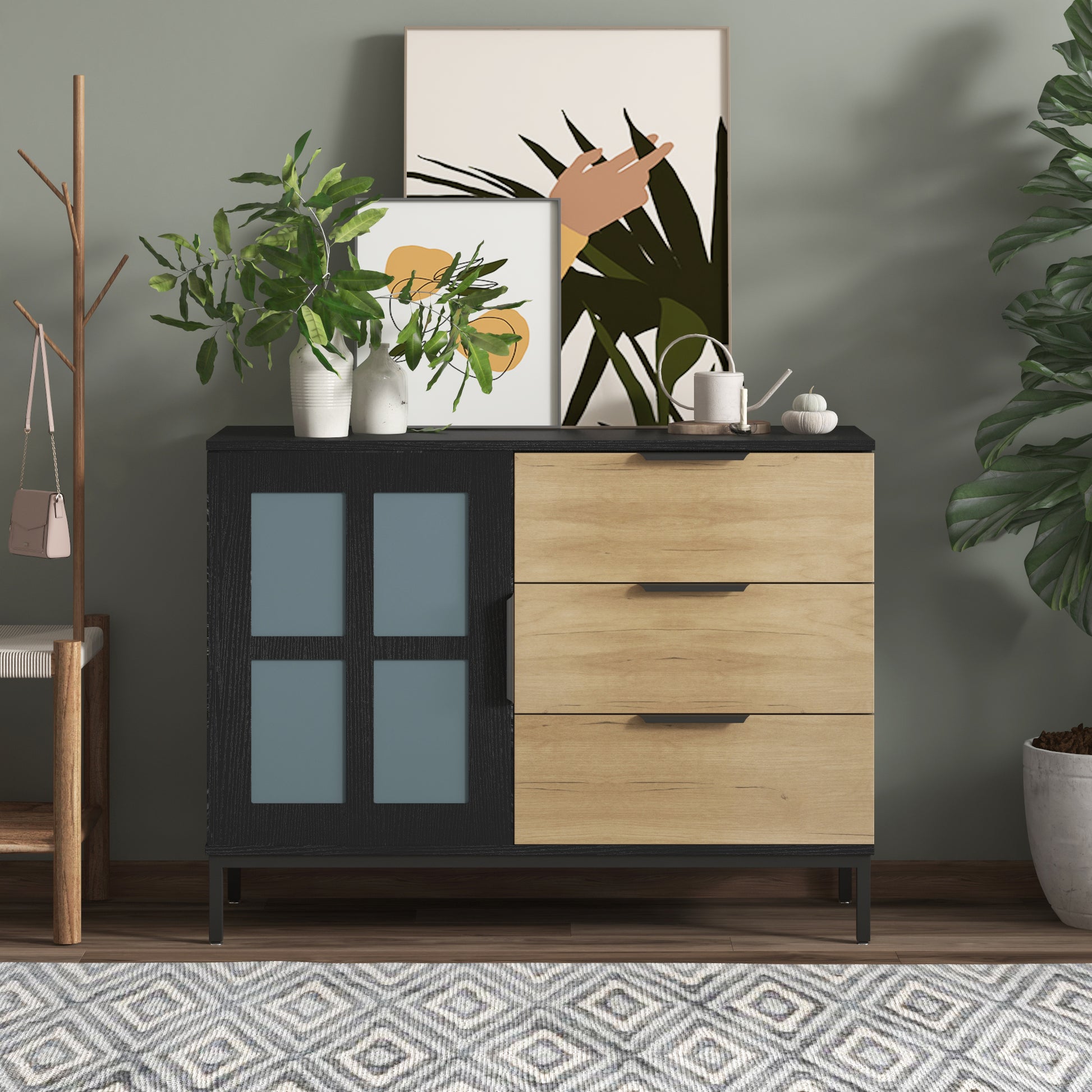 DRESSER CABINET BAR CABINET storge cabinet Glass door side cabinet lockersEmbedded metal handle can be placed in the living room, bedroom, dining room, black+brown_3