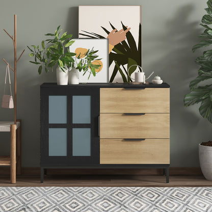 DRESSER CABINET BAR CABINET storge cabinet Glass door side cabinet lockersEmbedded metal handle can be placed in the living room, bedroom, dining room, black+brown_3