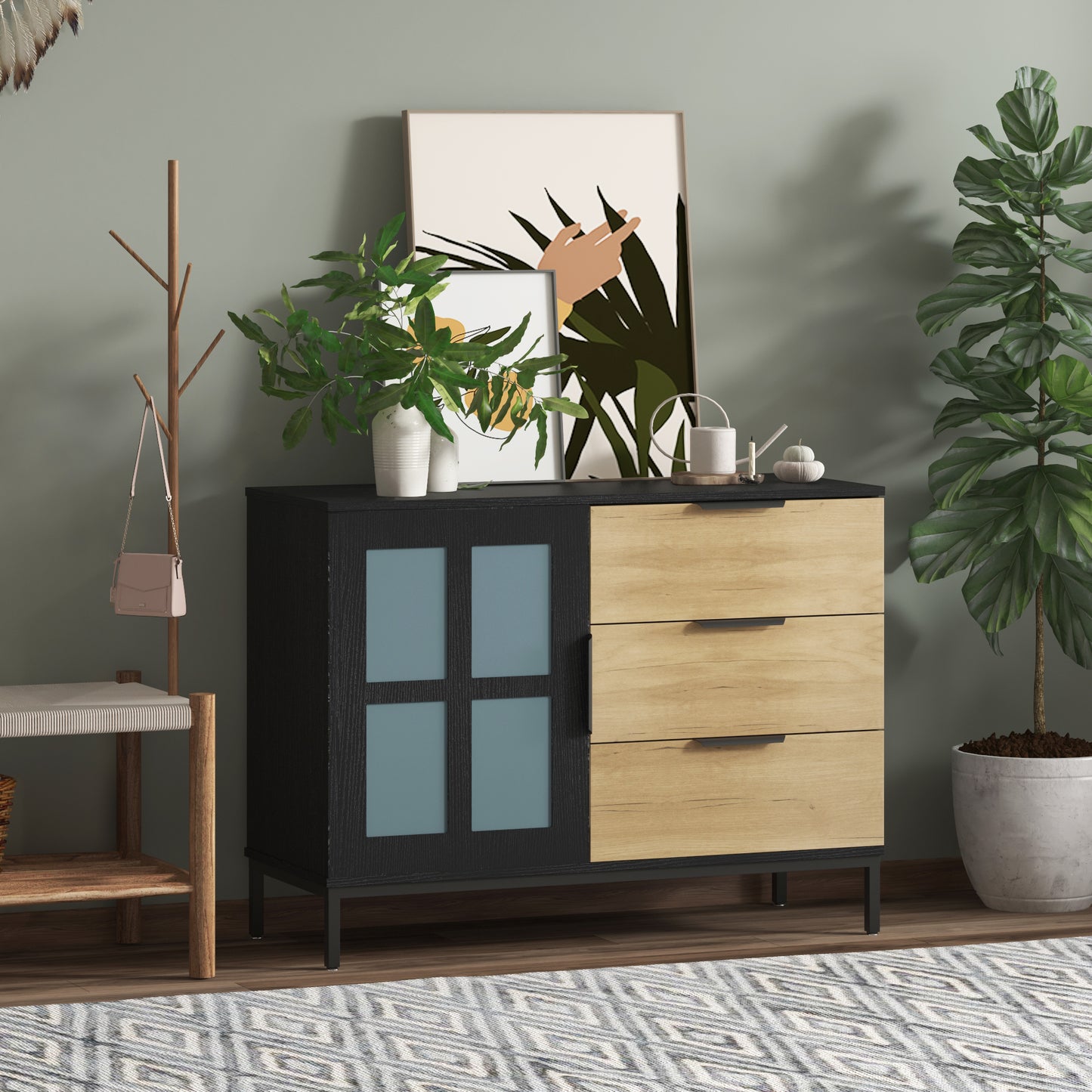 DRESSER CABINET BAR CABINET storge cabinet Glass door side cabinet lockersEmbedded metal handle can be placed in the living room, bedroom, dining room, black+brown_5