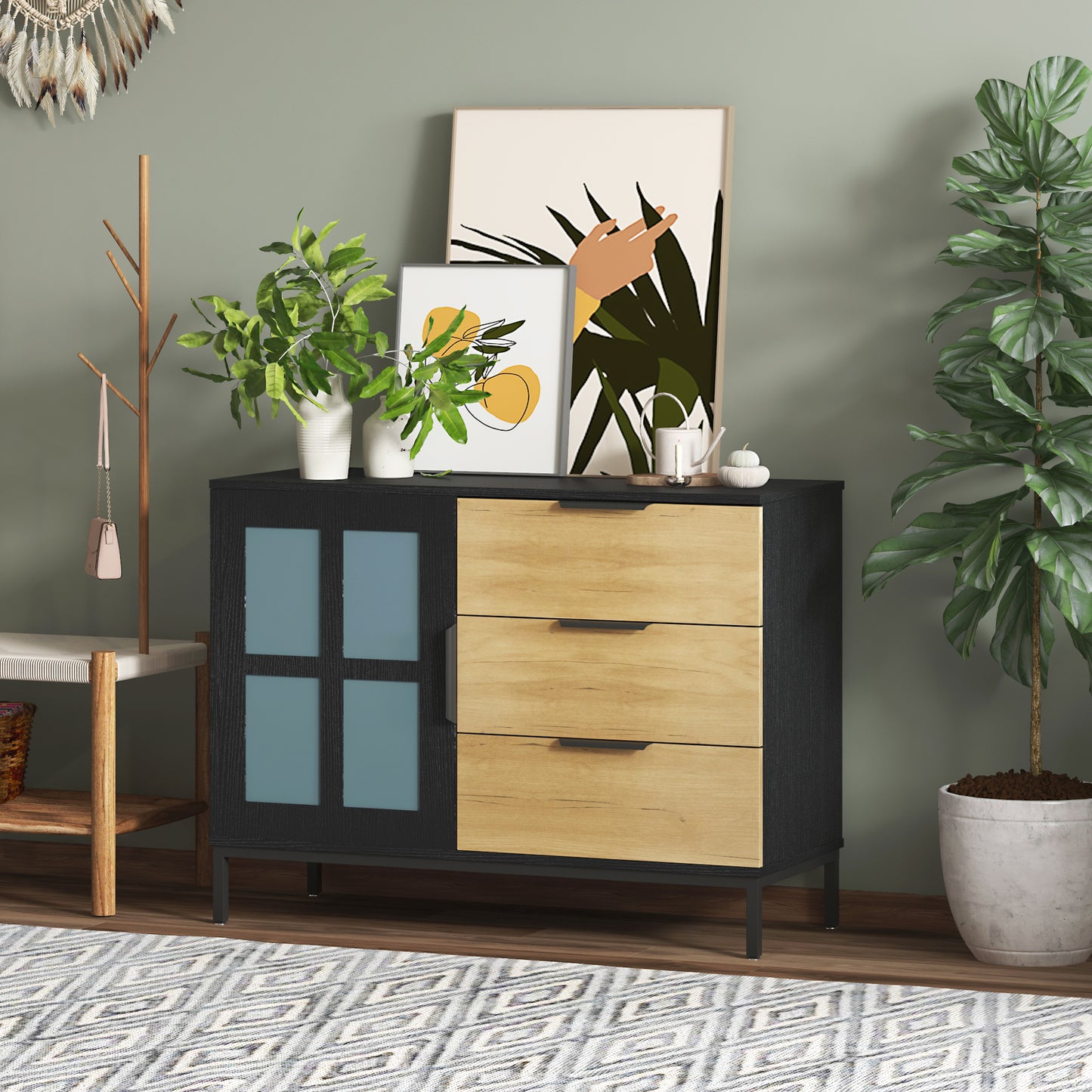 DRESSER CABINET BAR CABINET storge cabinet Glass door side cabinet lockersEmbedded metal handle can be placed in the living room, bedroom, dining room, black+brown_4