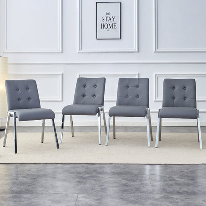 4 pcs Grid Armless Faux Leather High Back Upholstered Padded Dining Chairs- Grey_1