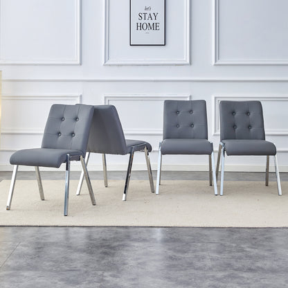 4 pcs Grid Armless Faux Leather High Back Upholstered Padded Dining Chairs- Grey_2