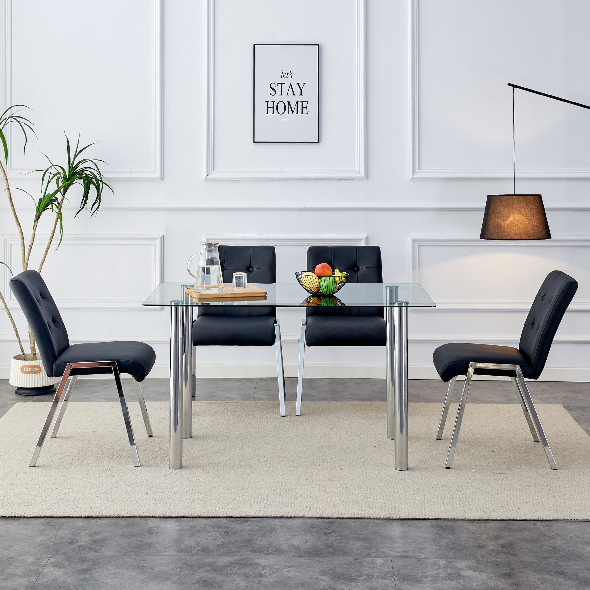 4 pcs Grid Armless Faux Leather High Back Upholstered Padded Dining Chairs- Black_6