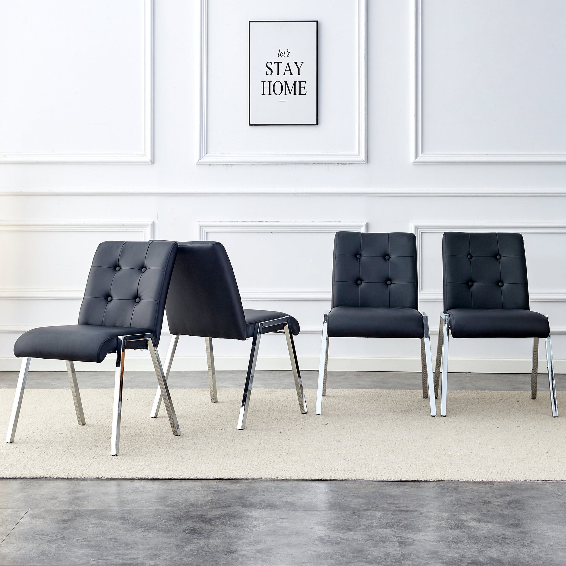 4 pcs Grid Armless Faux Leather High Back Upholstered Padded Dining Chairs- Black_1