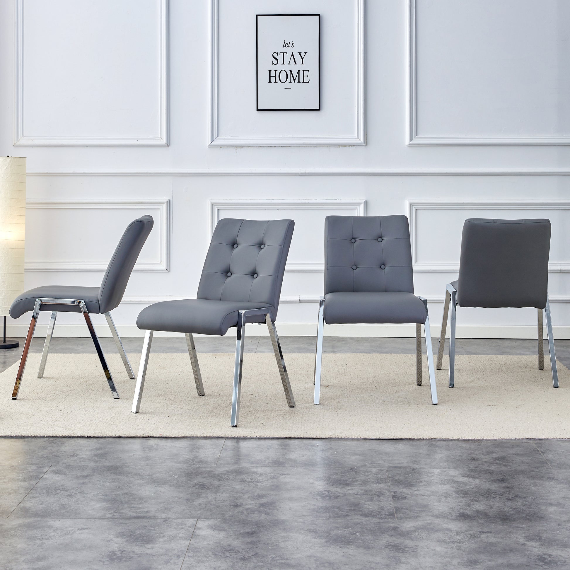 4 pcs Grid Armless Faux Leather High Back Upholstered Padded Dining Chairs- Grey_3