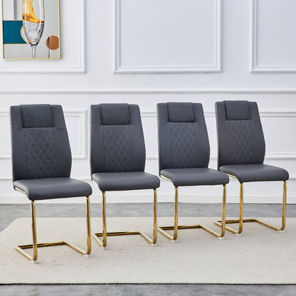 4 Pcs Faux Leather Upholstered Grid High Back Dining Chairs with Metal Base- Gray, Gold_2