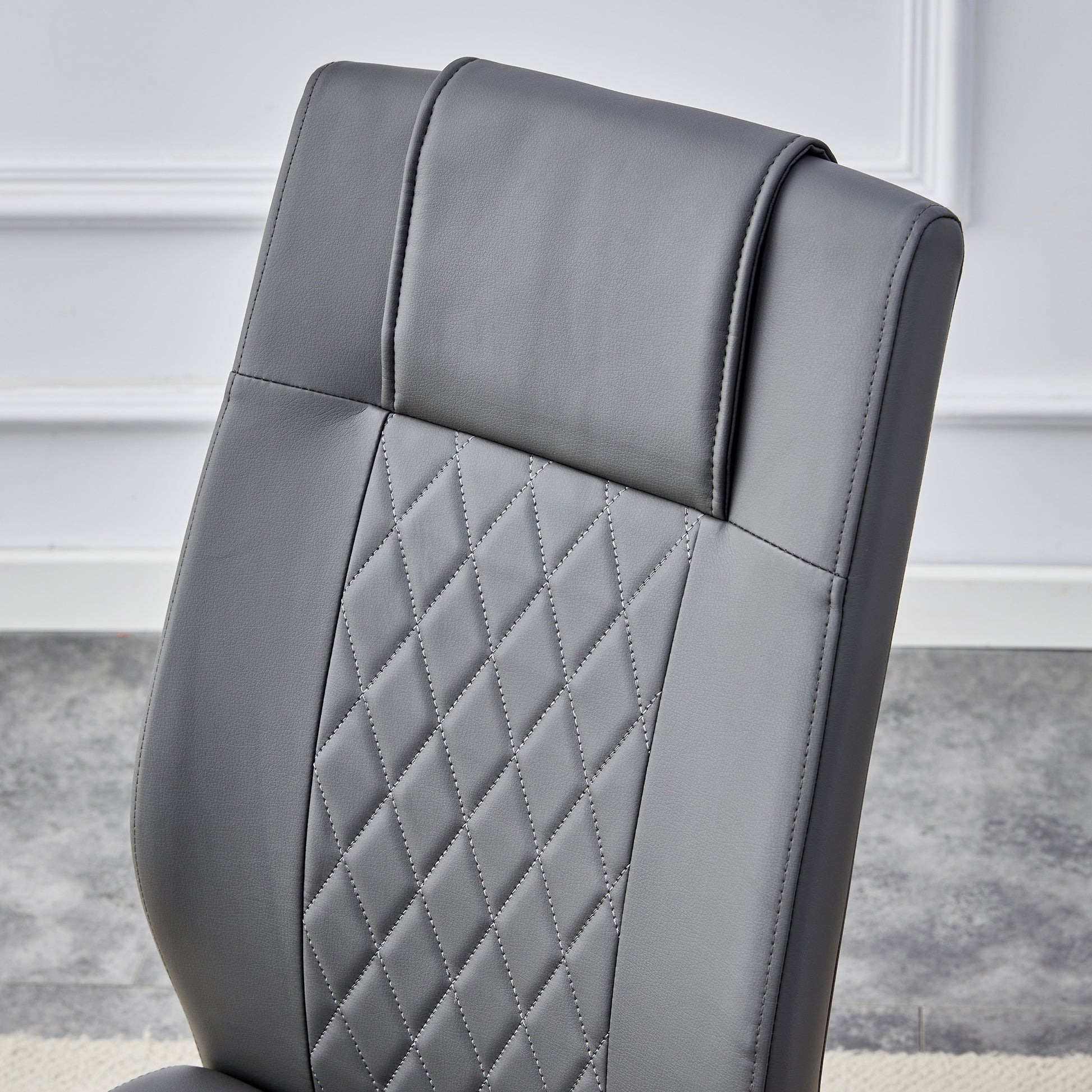 4 Pcs Faux Leather Upholstered Grid High Back Dining Chairs with Metal Base- Gray, Gold_11