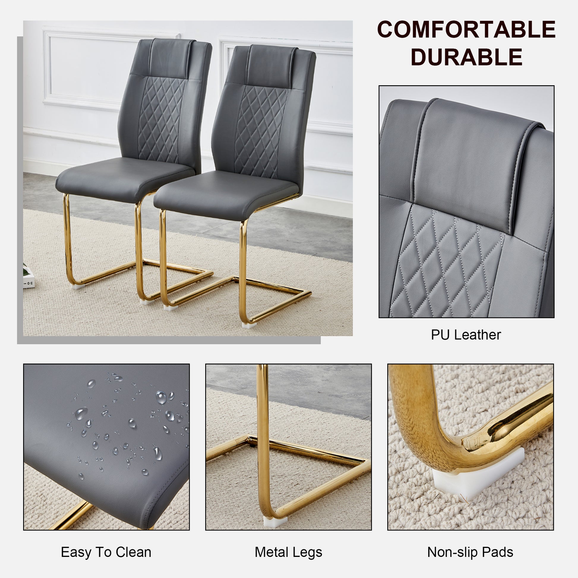 4 Pcs Faux Leather Upholstered Grid High Back Dining Chairs with Metal Base- Gray, Gold_24