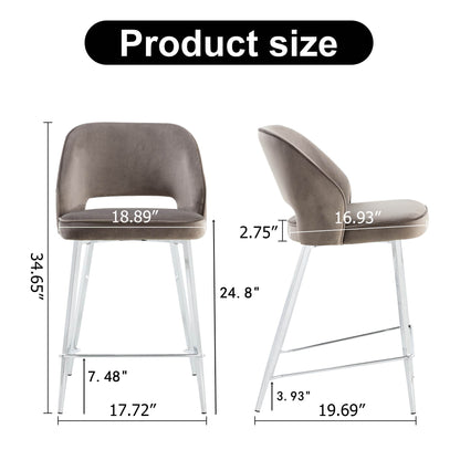 Set of 2 Velvet Dining Barstools with Anti Slip Metal Framed Legs- Gray_27