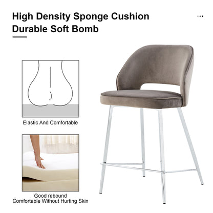 Set of 2 Velvet Dining Barstools with Anti Slip Metal Framed Legs- Gray_25