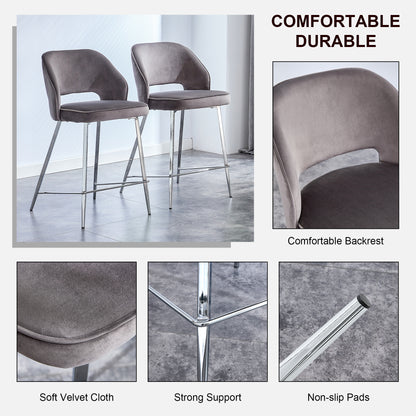 Set of 2 Velvet Dining Barstools with Anti Slip Metal Framed Legs- Gray_24