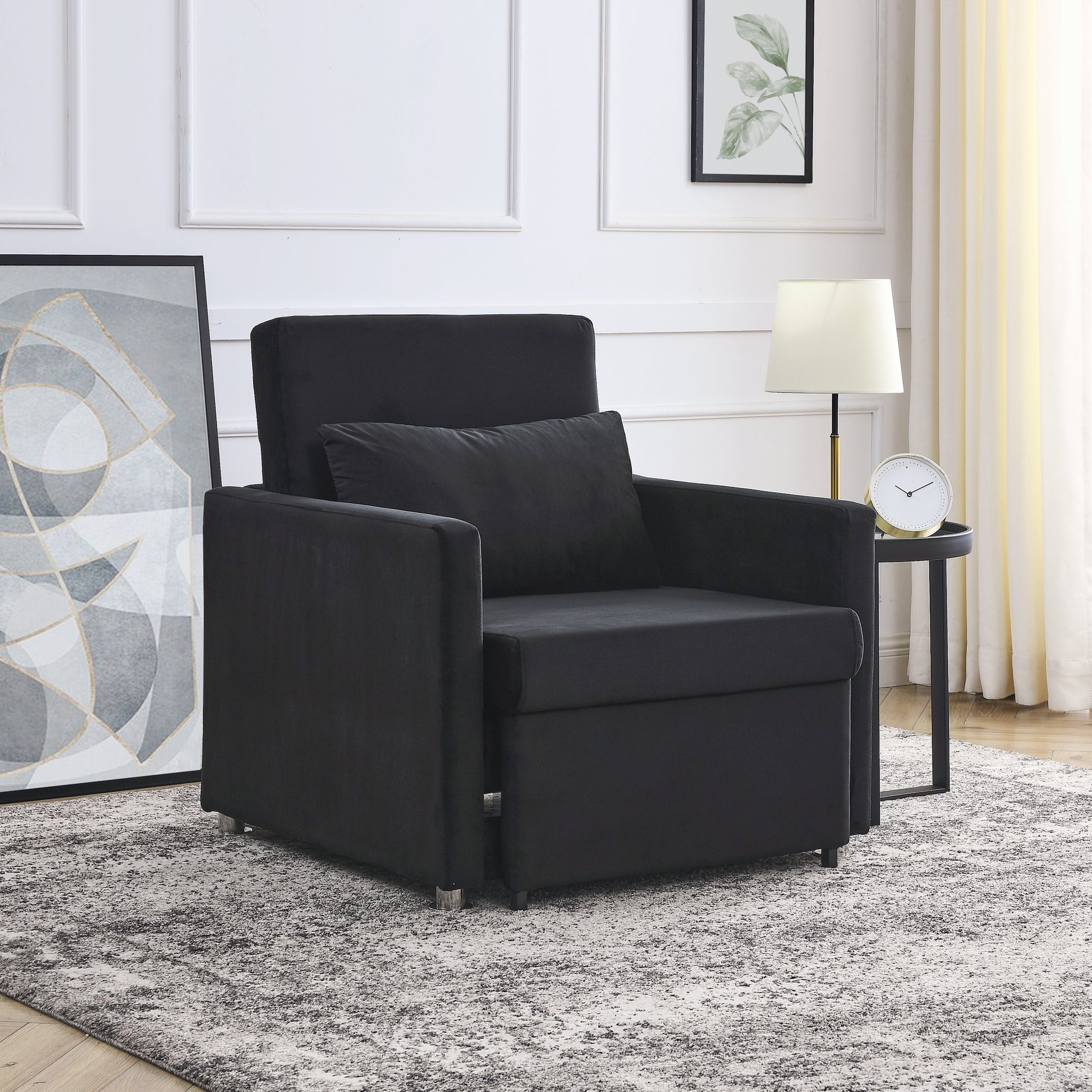 2-in-1 Convertible Sofa Chair Bed Space Saving Lounger Sleeper Chair- Black_2