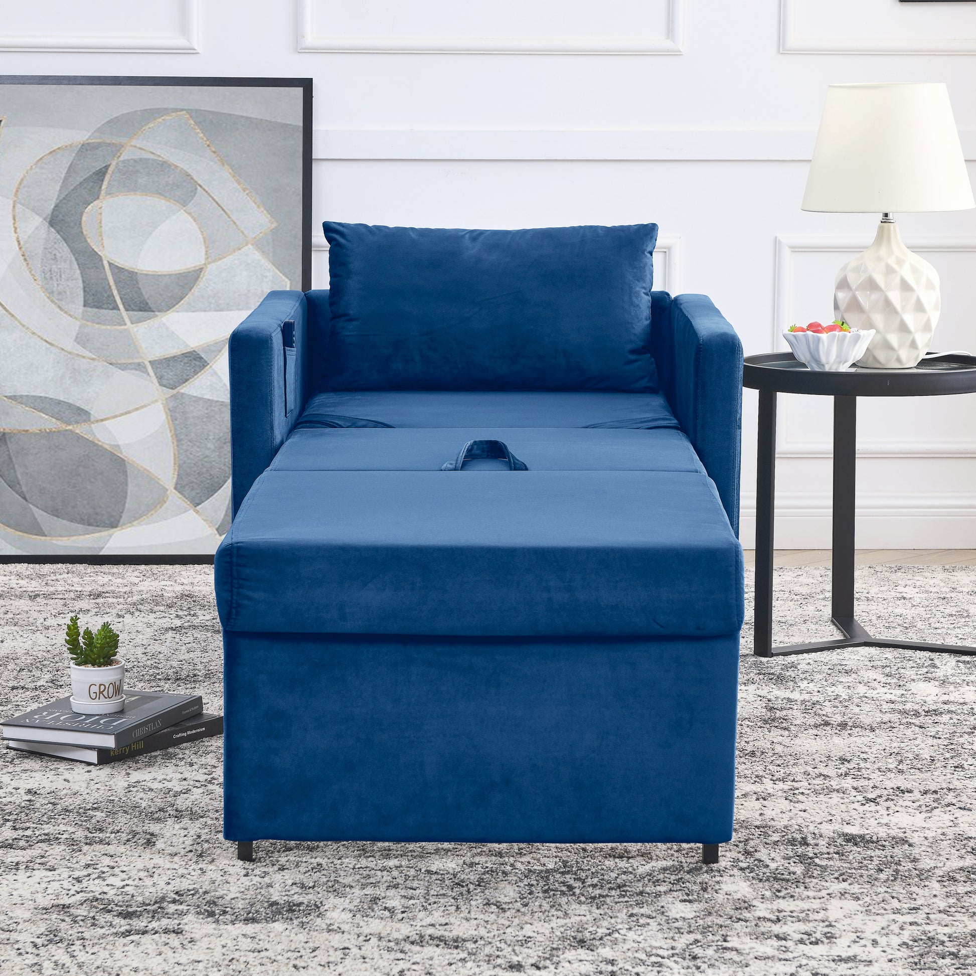 2-in-1 Convertible Sofa Chair Bed Space Saving Lounger Sleeper Chair- Blue_11