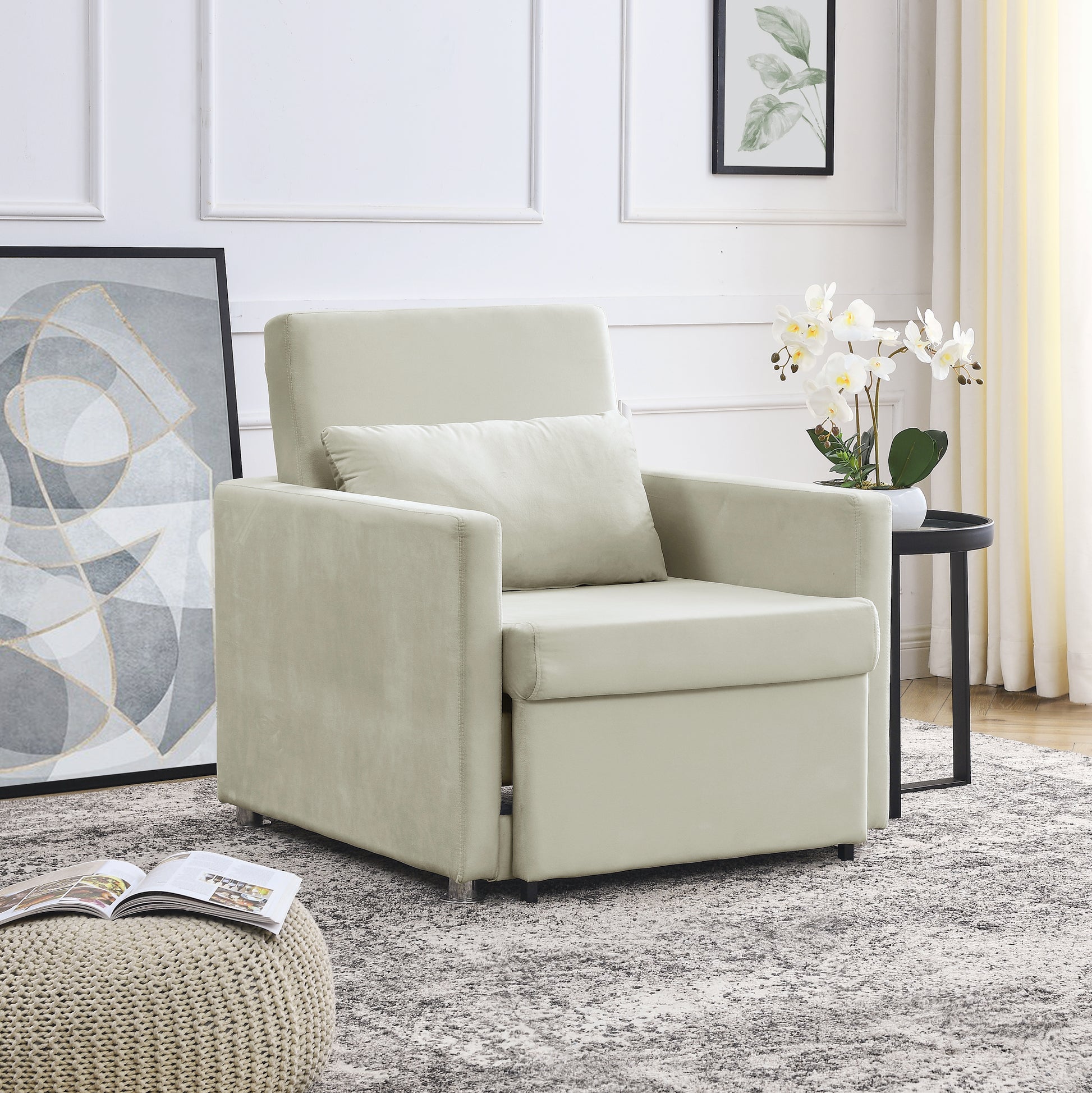 2-in-1 Convertible Sofa Chair Bed Space Saving Lounger Sleeper Chair- Beige_2