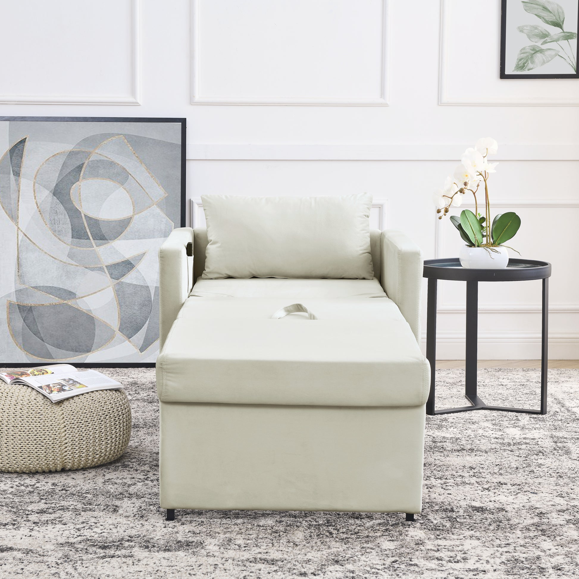 2-in-1 Convertible Sofa Chair Bed Space Saving Lounger Sleeper Chair- Beige_4