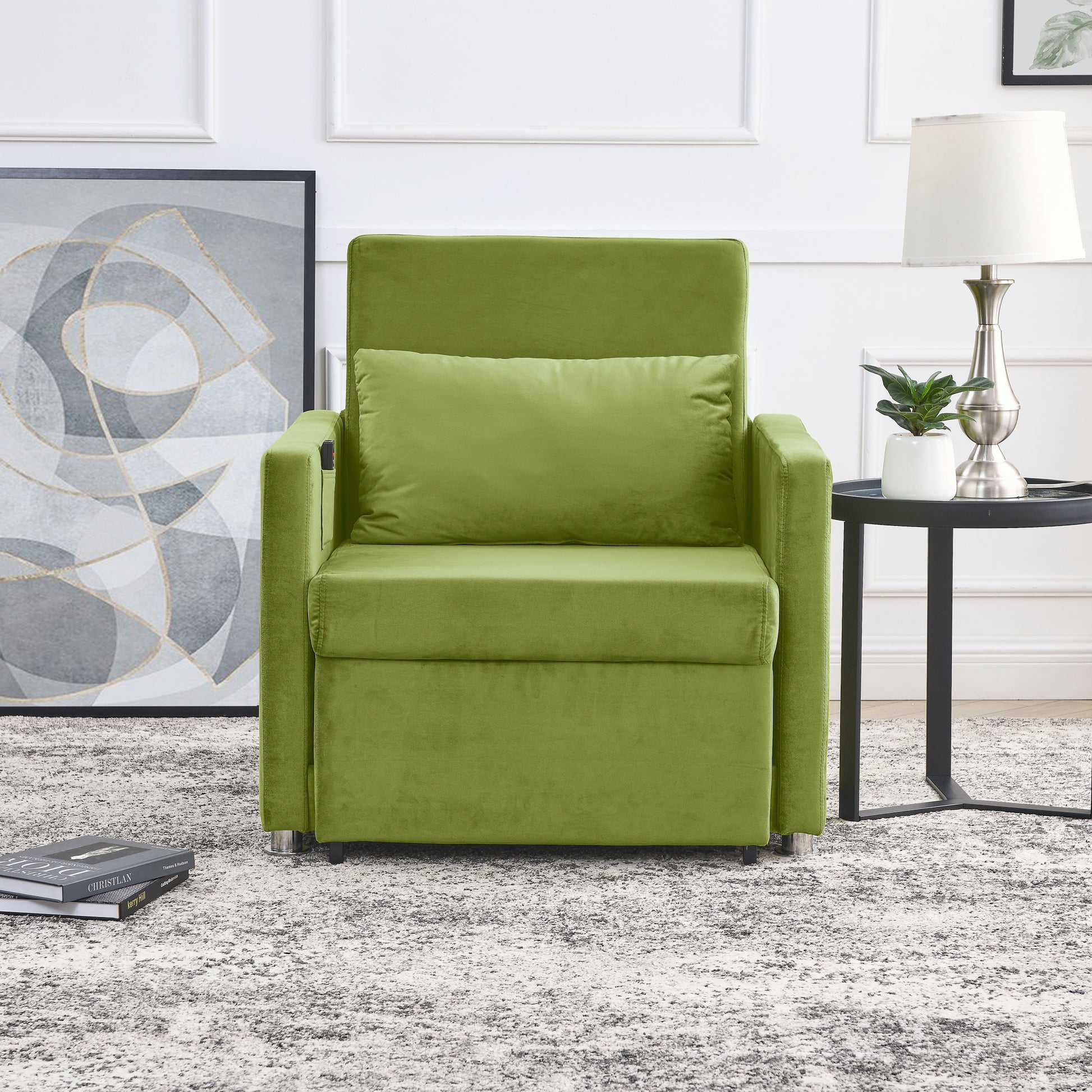 2-in-1 Convertible Sofa Chair Bed Space Saving Lounger Sleeper Chair- Green_7