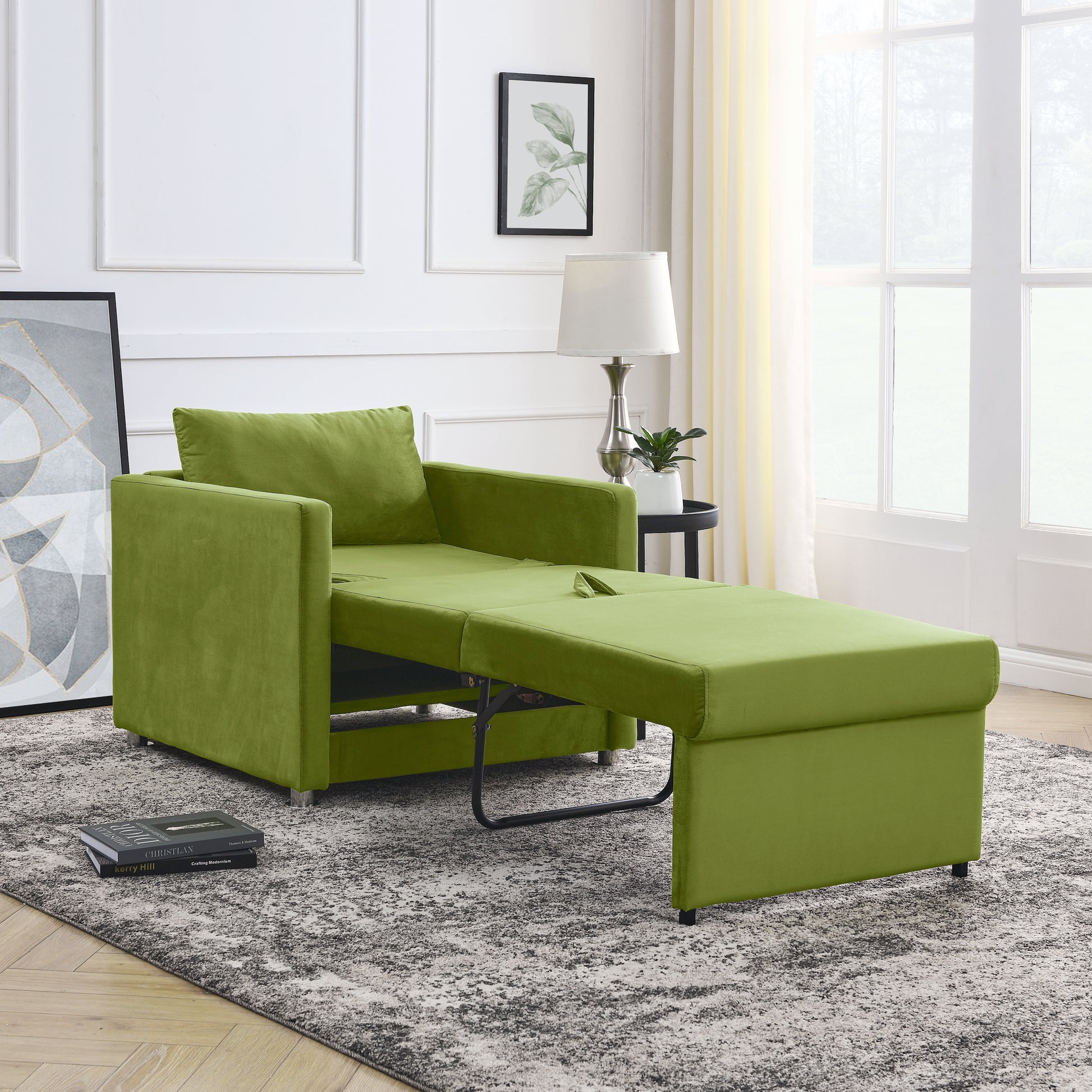 2-in-1 Convertible Sofa Chair Bed Space Saving Lounger Sleeper Chair- Green_13