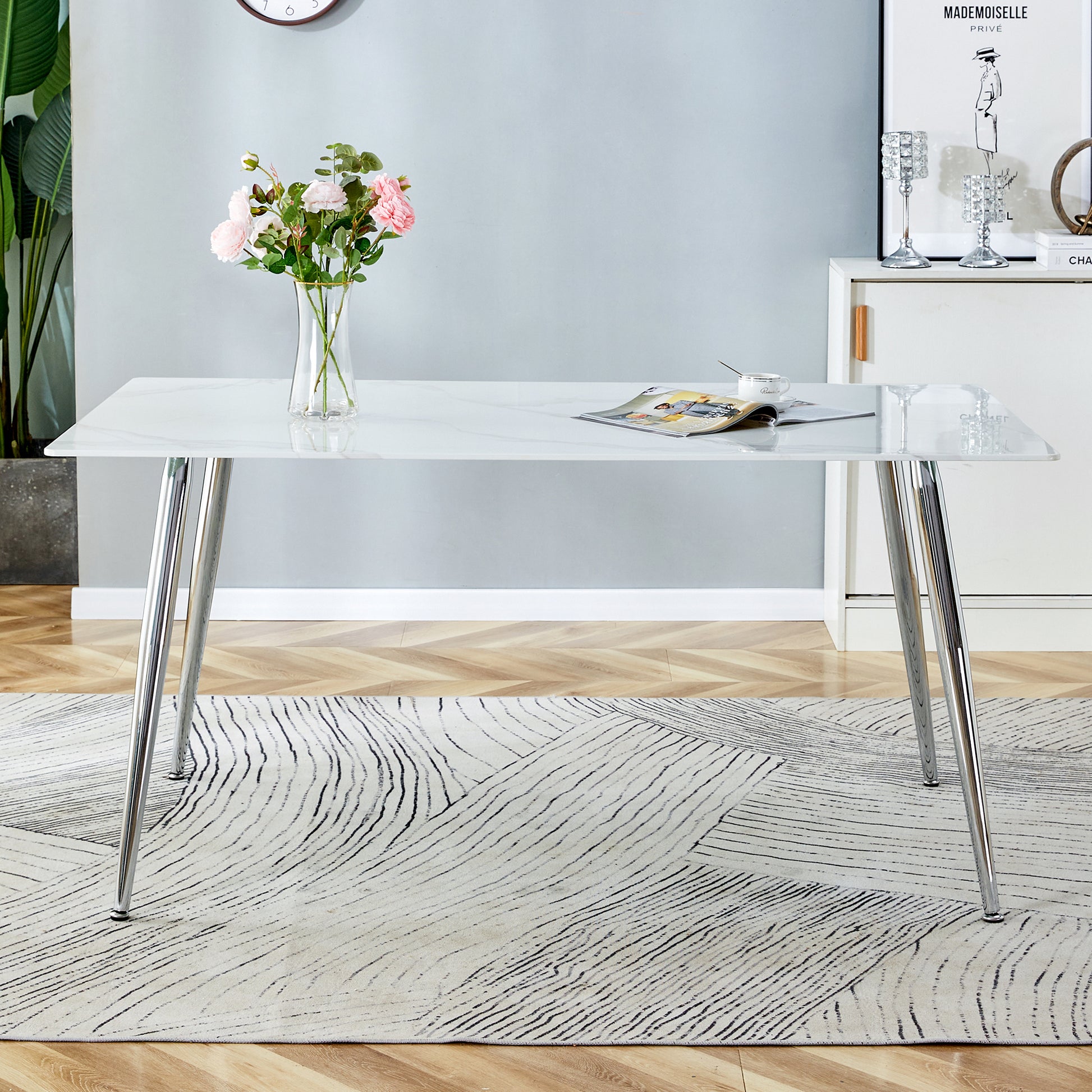 4 to 6 Seater Modern Minimalist Thick Tempered Marbled Glass Dining Table with Silver Metal Legs_3