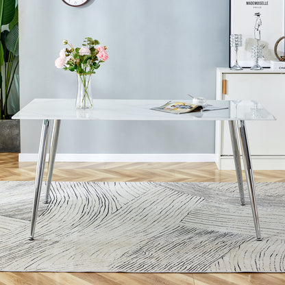 4 to 6 Seater Modern Minimalist Thick Tempered Marbled Glass Dining Table with Silver Metal Legs_3