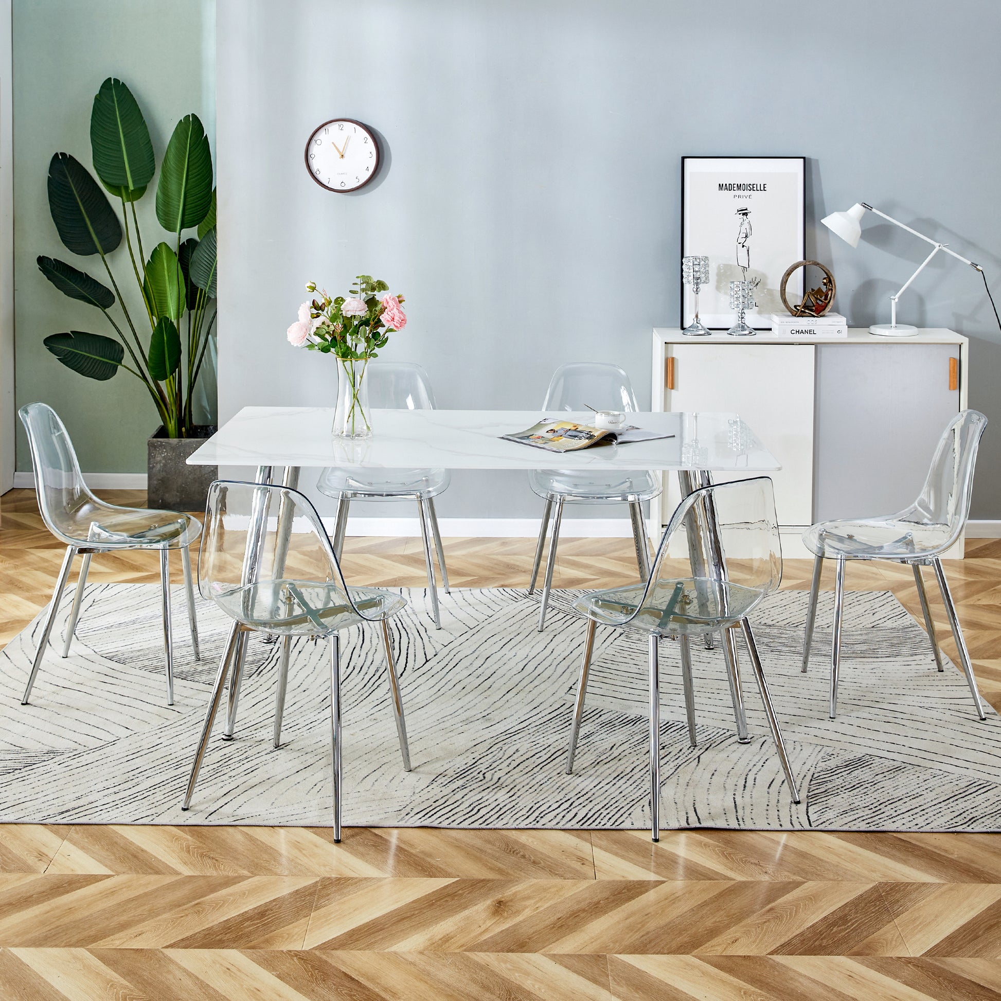4 to 6 Seater Modern Minimalist Thick Tempered Marbled Glass Dining Table with Silver Metal Legs_4
