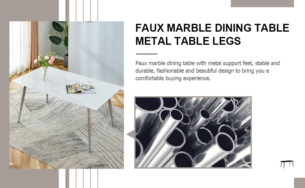 4 to 6 Seater Modern Minimalist Thick Tempered Marbled Glass Dining Table with Silver Metal Legs_25