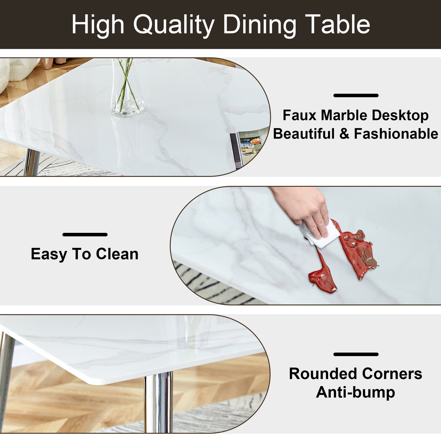 4 to 6 Seater Modern Minimalist Thick Tempered Marbled Glass Dining Table with Silver Metal Legs_21