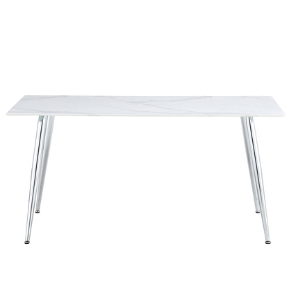 4 to 6 Seater Modern Minimalist Thick Tempered Marbled Glass Dining Table with Silver Metal Legs_16