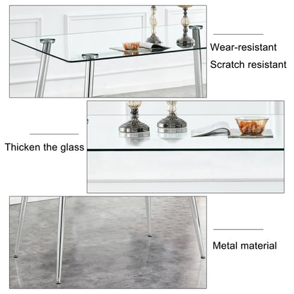 Set of 5 Tempered Glass Dining Table with Dining Chairs- Transparent Table+White Chairs_13