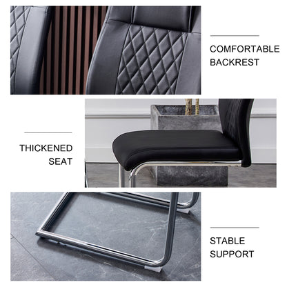 6 Pcs Faux Leather Upholstered Grid High Back Dining Chairs with Metal Base- Black, Silver_16