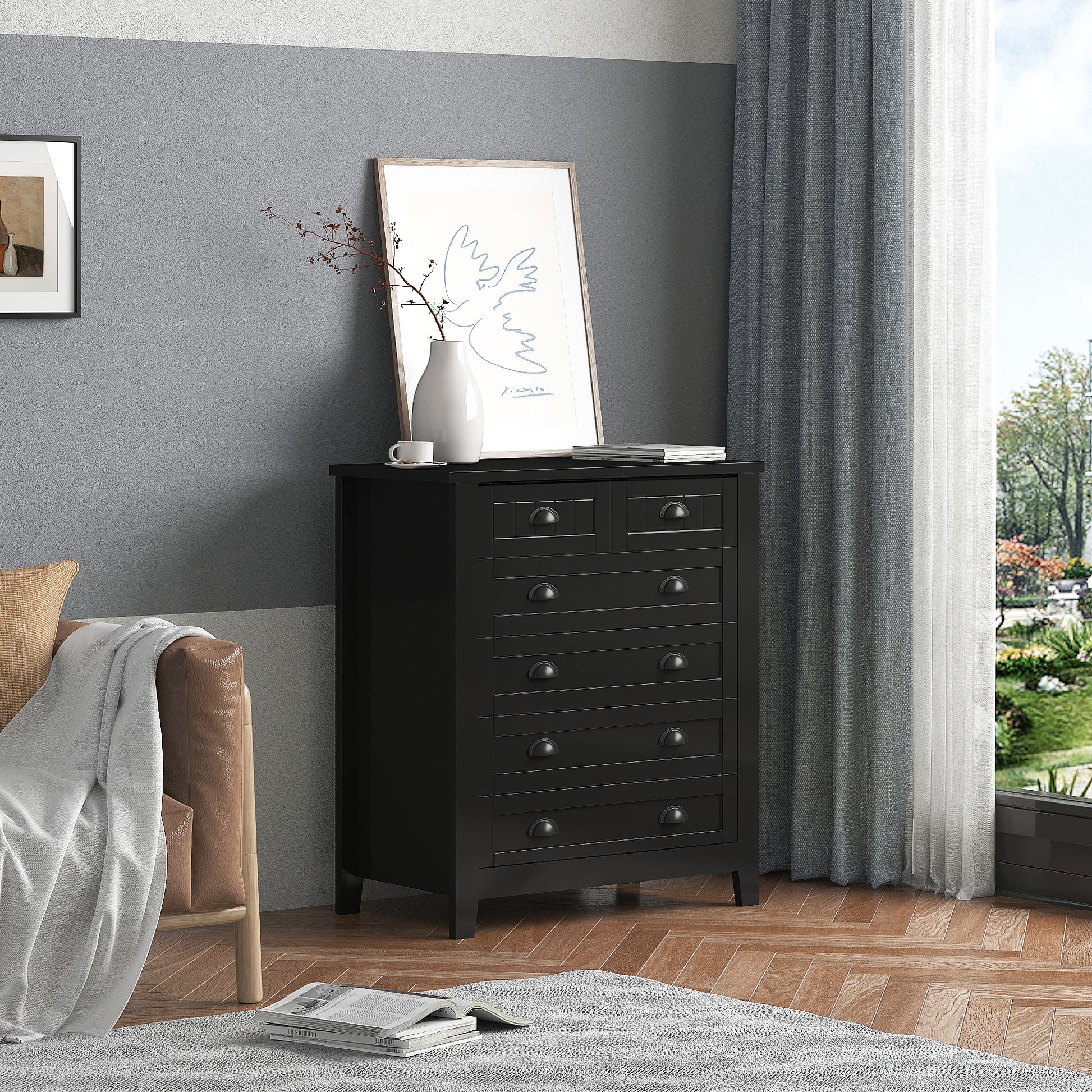 6 Drawers Wood Accent Stylish Tall Dresser Chest and Storage Organizer- Black_3