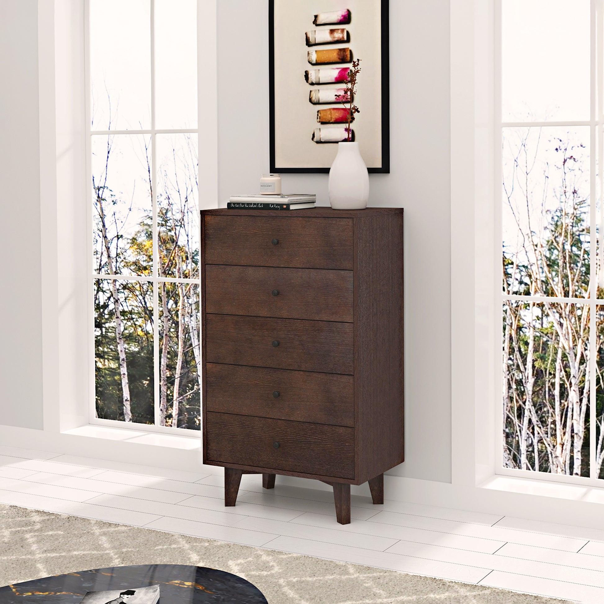 5 Drawers Wood Accent Stylish Tall Dresser Chest and Storage Organizer- Auburn_1
