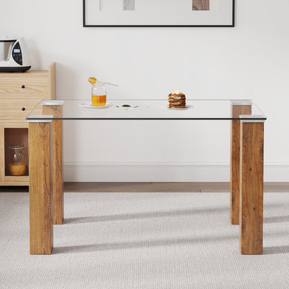 Modern Minimalist Tempered Glass Dining Table with Wooden MDF Legs- Wood_2