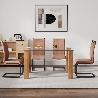 Modern Minimalist Tempered Glass Dining Table with Wooden MDF Legs- Wood_5
