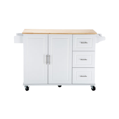 3 Drawers Rubber Wooden Top Utility Kitchen Cart with Adjustable Shelf- White_0